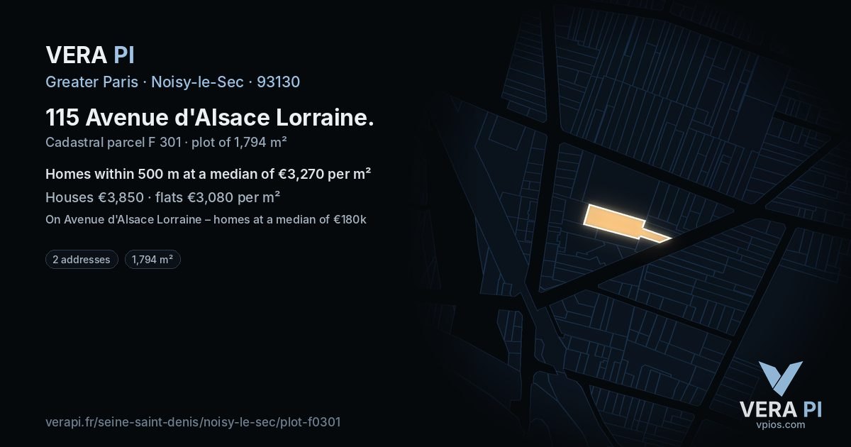 115 Avenue d'Alsace Lorraine, Noisy-le-Sec at night – the plot lit, the parcels around coloured by the prices near them