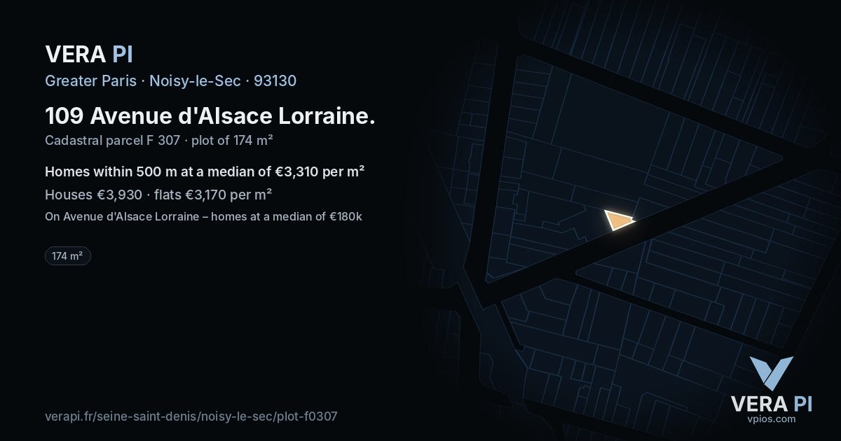 109 Avenue d'Alsace Lorraine, Noisy-le-Sec at night – the plot lit, the parcels around coloured by the prices near them