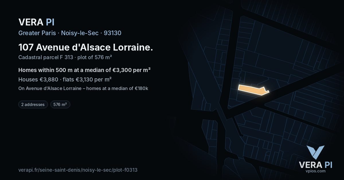 107 Avenue d'Alsace Lorraine, Noisy-le-Sec at night – the plot lit, the parcels around coloured by the prices near them