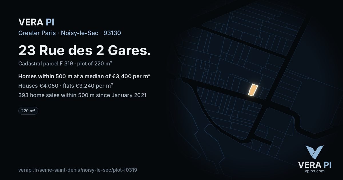 23 Rue des 2 Gares, Noisy-le-Sec at night – the plot lit, the parcels around coloured by the prices near them
