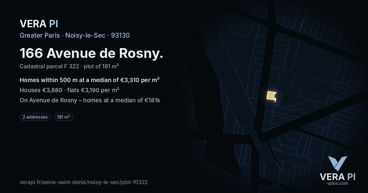 166 Avenue de Rosny, Noisy-le-Sec at night – the plot lit, the parcels around coloured by the prices near them