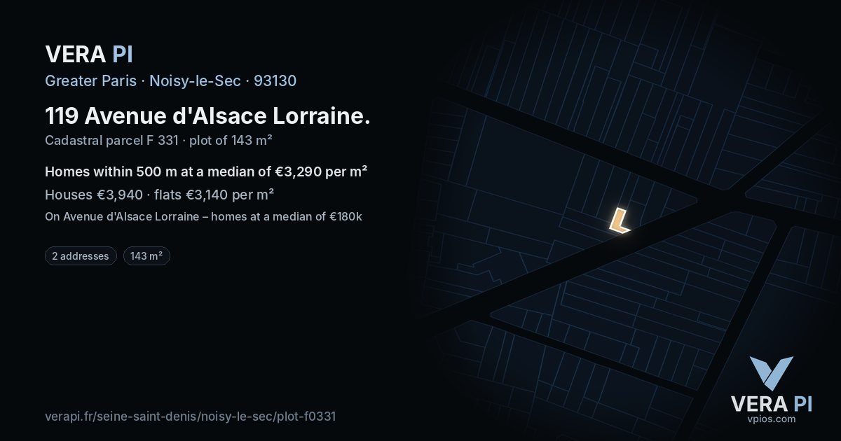 119 Avenue d'Alsace Lorraine, Noisy-le-Sec at night – the plot lit, the parcels around coloured by the prices near them