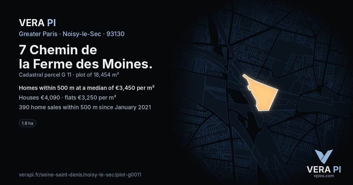 7 Chemin de la Ferme des Moines, Noisy-le-Sec at night – the plot lit, the parcels around coloured by the prices near them