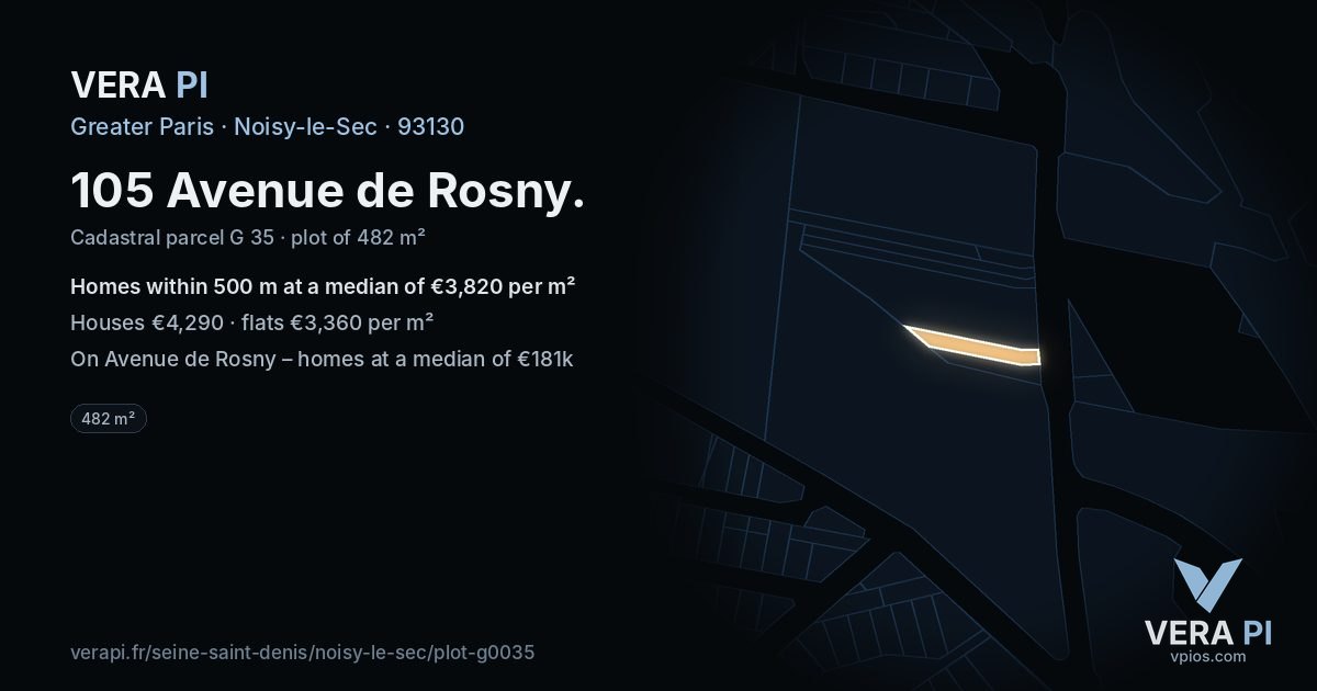 105 Avenue de Rosny, Noisy-le-Sec at night – the plot lit, the parcels around coloured by the prices near them