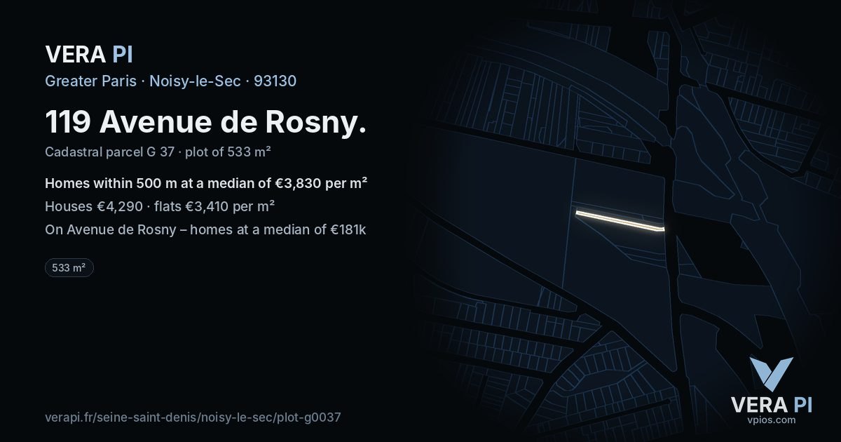 119 Avenue de Rosny, Noisy-le-Sec at night – the plot lit, the parcels around coloured by the prices near them