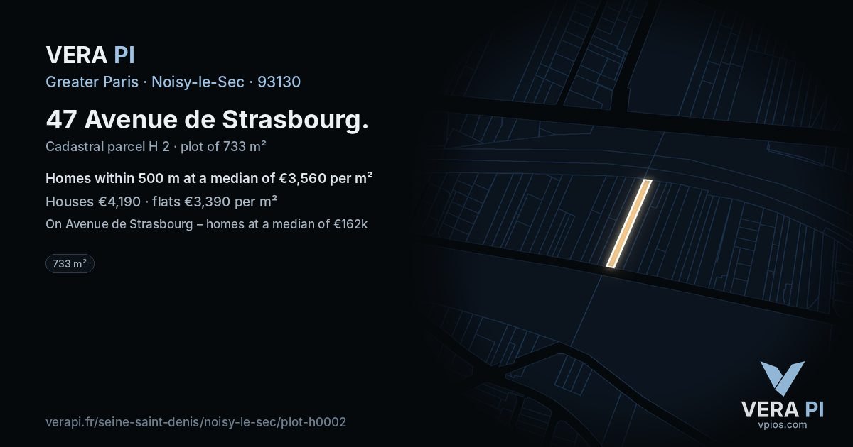 47 Avenue de Strasbourg, Noisy-le-Sec at night – the plot lit, the parcels around coloured by the prices near them