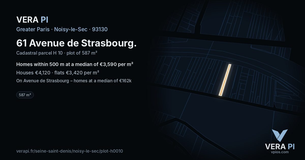 61 Avenue de Strasbourg, Noisy-le-Sec at night – the plot lit, the parcels around coloured by the prices near them