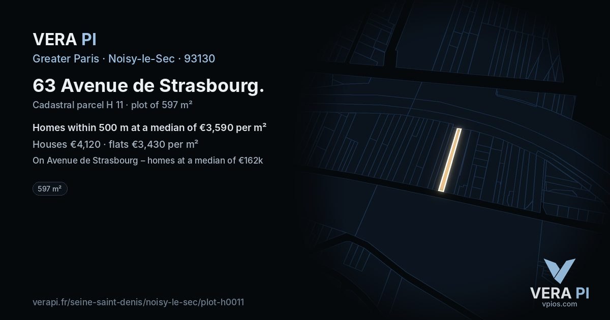 63 Avenue de Strasbourg, Noisy-le-Sec at night – the plot lit, the parcels around coloured by the prices near them