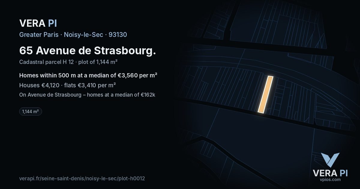65 Avenue de Strasbourg, Noisy-le-Sec at night – the plot lit, the parcels around coloured by the prices near them