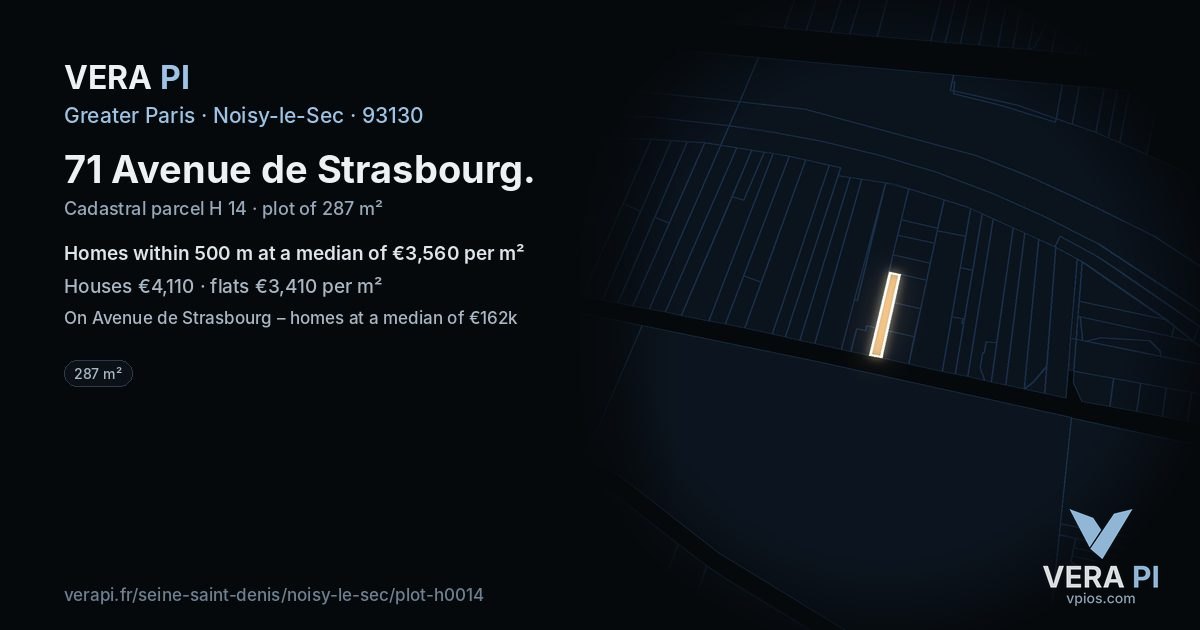 71 Avenue de Strasbourg, Noisy-le-Sec at night – the plot lit, the parcels around coloured by the prices near them