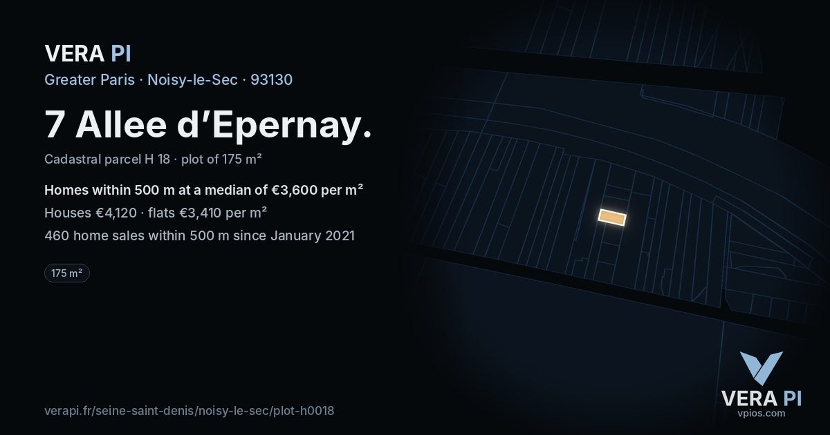 7 Allee d’Epernay, Noisy-le-Sec at night – the plot lit, the parcels around coloured by the prices near them