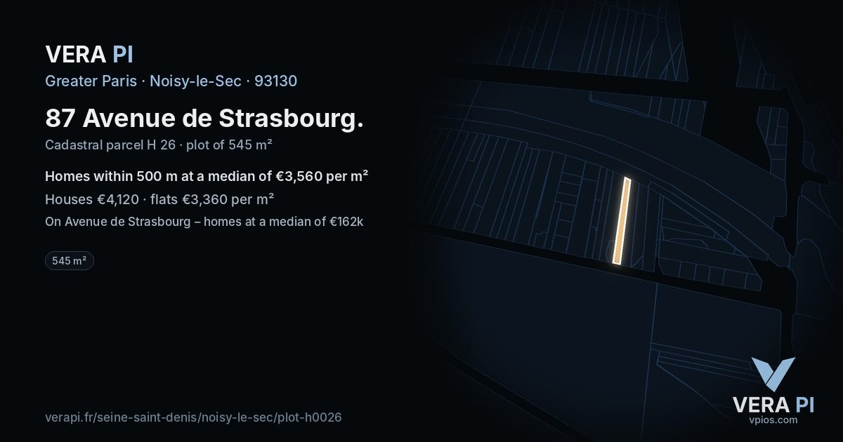 87 Avenue de Strasbourg, Noisy-le-Sec at night – the plot lit, the parcels around coloured by the prices near them