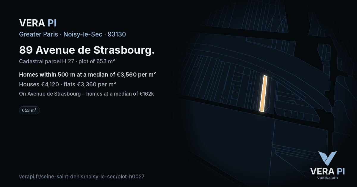89 Avenue de Strasbourg, Noisy-le-Sec at night – the plot lit, the parcels around coloured by the prices near them
