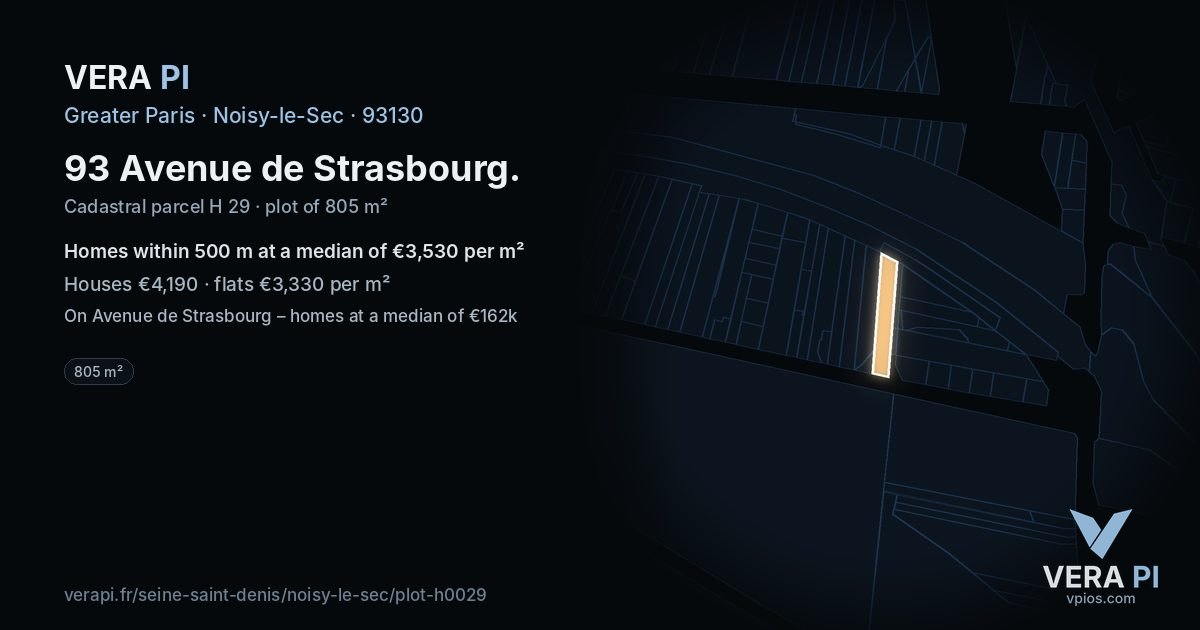 93 Avenue de Strasbourg, Noisy-le-Sec at night – the plot lit, the parcels around coloured by the prices near them