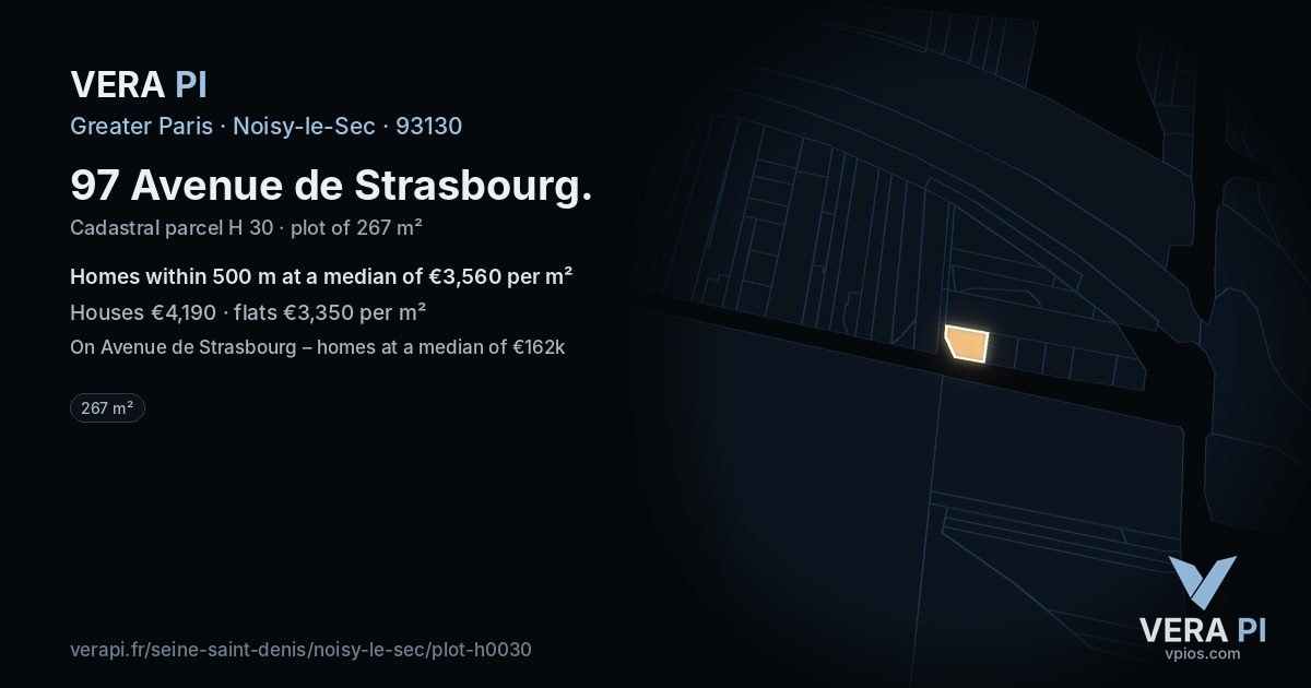 97 Avenue de Strasbourg, Noisy-le-Sec at night – the plot lit, the parcels around coloured by the prices near them