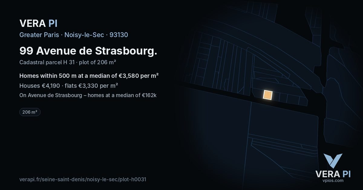 99 Avenue de Strasbourg, Noisy-le-Sec at night – the plot lit, the parcels around coloured by the prices near them