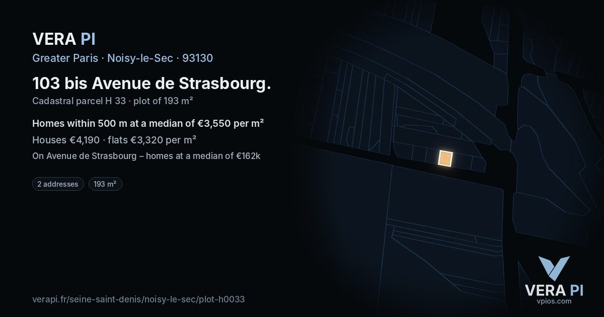 103 bis Avenue de Strasbourg, Noisy-le-Sec at night – the plot lit, the parcels around coloured by the prices near them