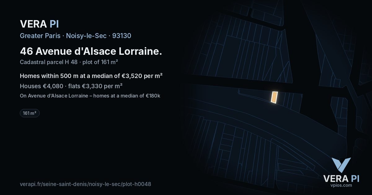 46 Avenue d'Alsace Lorraine, Noisy-le-Sec at night – the plot lit, the parcels around coloured by the prices near them