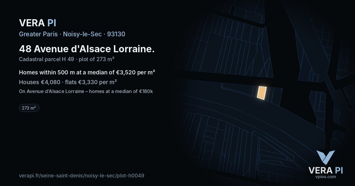 48 Avenue d'Alsace Lorraine, Noisy-le-Sec at night – the plot lit, the parcels around coloured by the prices near them