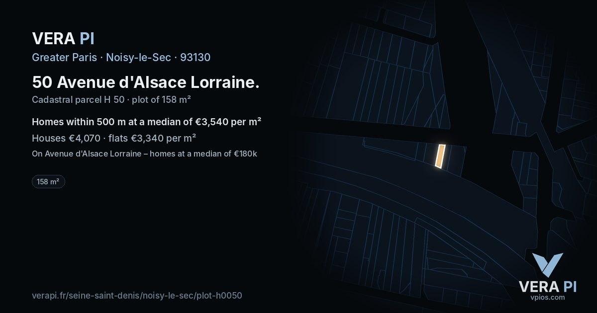 50 Avenue d'Alsace Lorraine, Noisy-le-Sec at night – the plot lit, the parcels around coloured by the prices near them