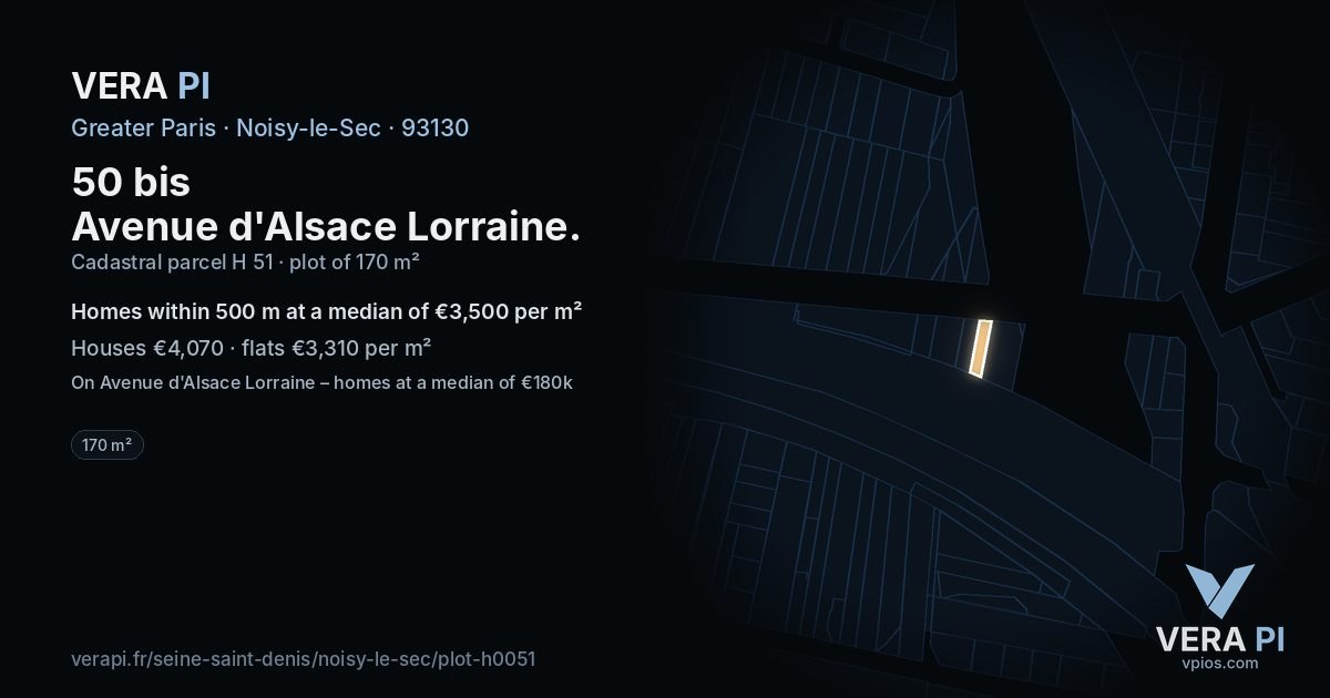 50 bis Avenue d'Alsace Lorraine, Noisy-le-Sec at night – the plot lit, the parcels around coloured by the prices near them