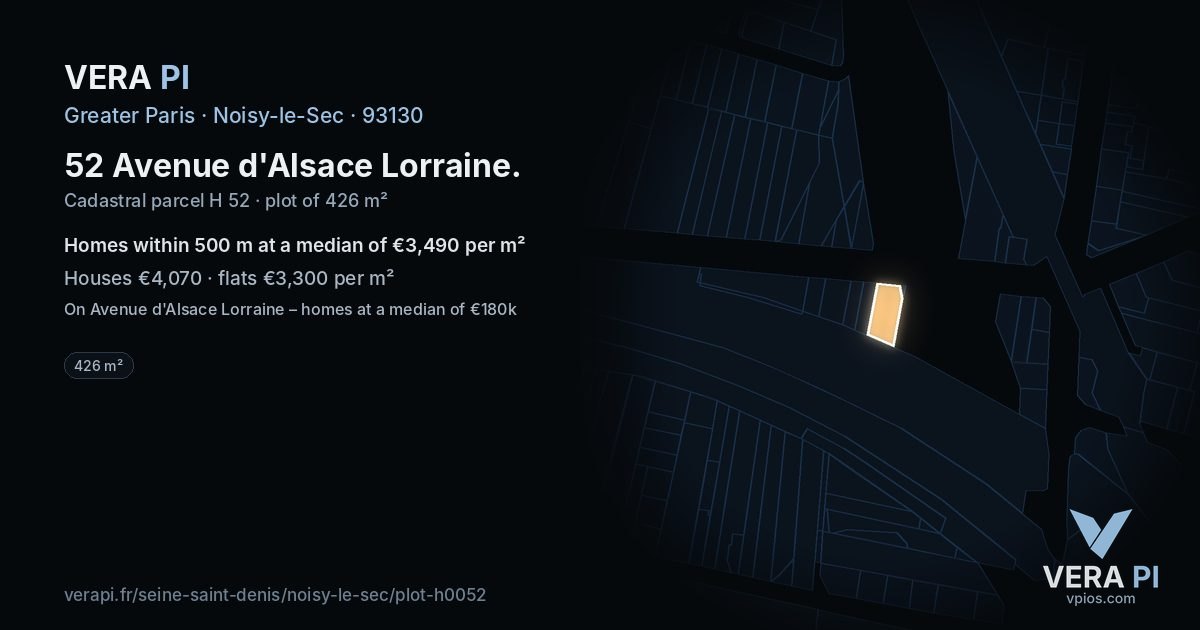 52 Avenue d'Alsace Lorraine, Noisy-le-Sec at night – the plot lit, the parcels around coloured by the prices near them