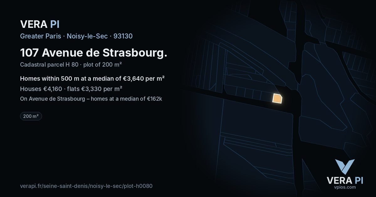 107 Avenue de Strasbourg, Noisy-le-Sec at night – the plot lit, the parcels around coloured by the prices near them