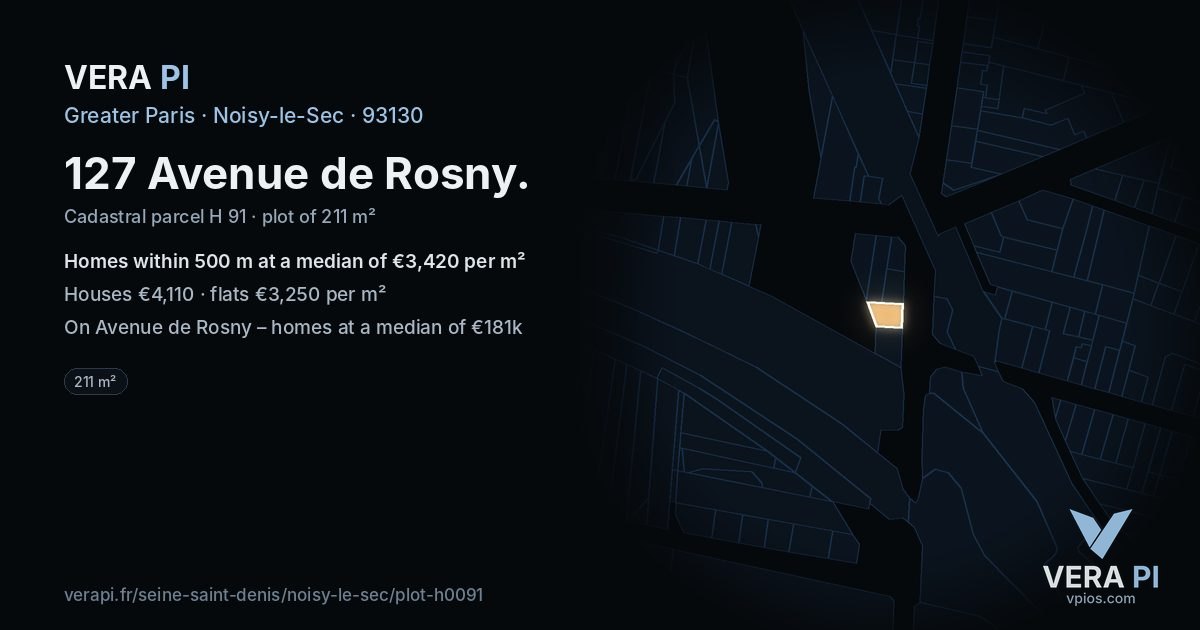127 Avenue de Rosny, Noisy-le-Sec at night – the plot lit, the parcels around coloured by the prices near them