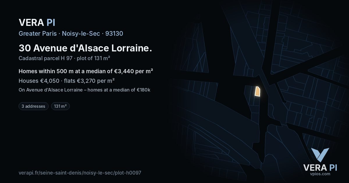 30 Avenue d'Alsace Lorraine, Noisy-le-Sec at night – the plot lit, the parcels around coloured by the prices near them