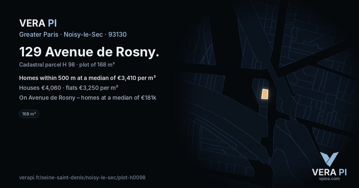 129 Avenue de Rosny, Noisy-le-Sec at night – the plot lit, the parcels around coloured by the prices near them