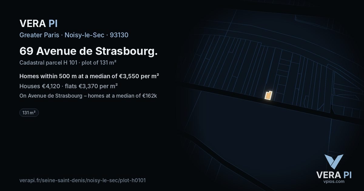 69 Avenue de Strasbourg, Noisy-le-Sec at night – the plot lit, the parcels around coloured by the prices near them