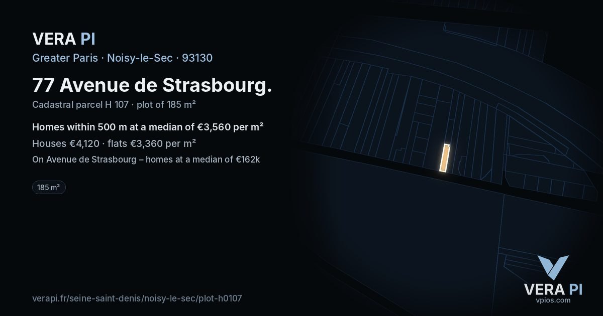 77 Avenue de Strasbourg, Noisy-le-Sec at night – the plot lit, the parcels around coloured by the prices near them