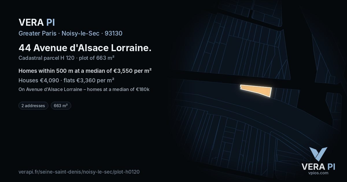 44 Avenue d'Alsace Lorraine, Noisy-le-Sec at night – the plot lit, the parcels around coloured by the prices near them