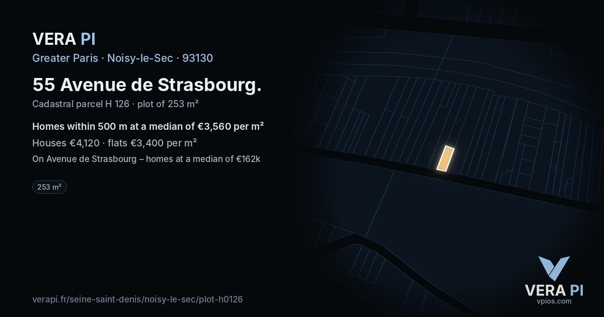 55 Avenue de Strasbourg, Noisy-le-Sec at night – the plot lit, the parcels around coloured by the prices near them
