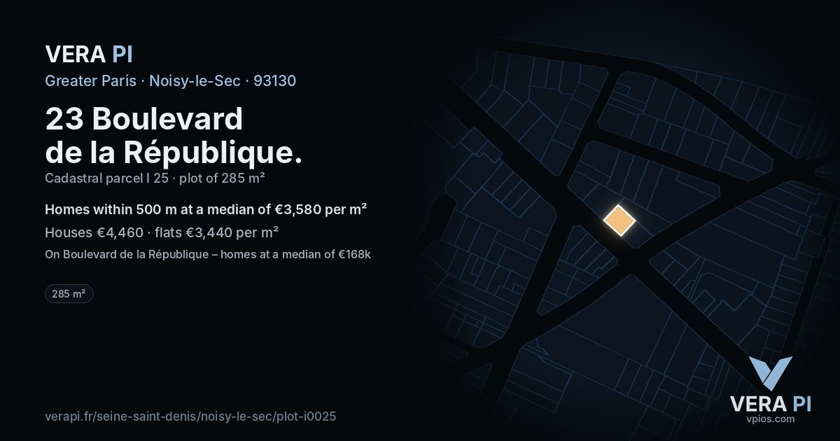 23 Boulevard de la République, Noisy-le-Sec at night – the plot lit, the parcels around coloured by the prices near them