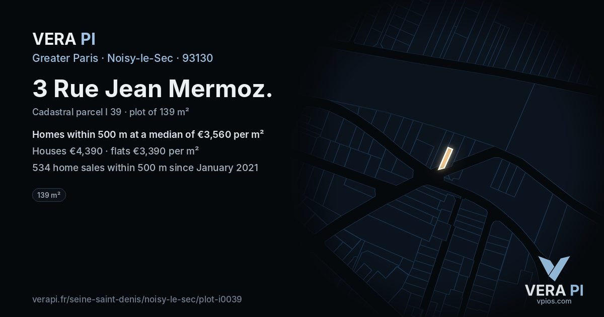 3 Rue Jean Mermoz, Noisy-le-Sec at night – the plot lit, the parcels around coloured by the prices near them