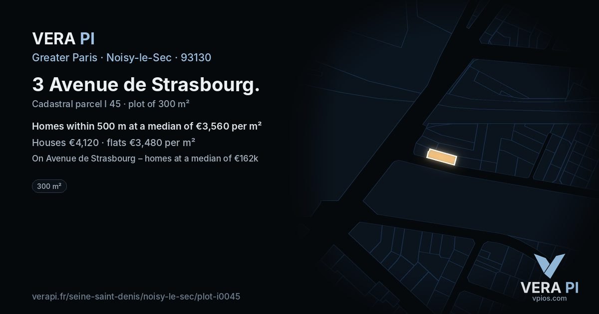 3 Avenue de Strasbourg, Noisy-le-Sec at night – the plot lit, the parcels around coloured by the prices near them