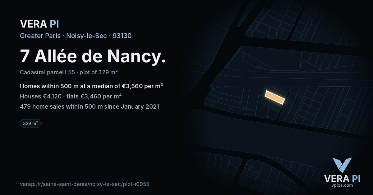 7 Allée de Nancy, Noisy-le-Sec at night – the plot lit, the parcels around coloured by the prices near them