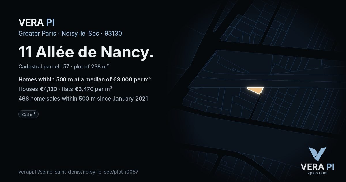 11 Allée de Nancy, Noisy-le-Sec at night – the plot lit, the parcels around coloured by the prices near them