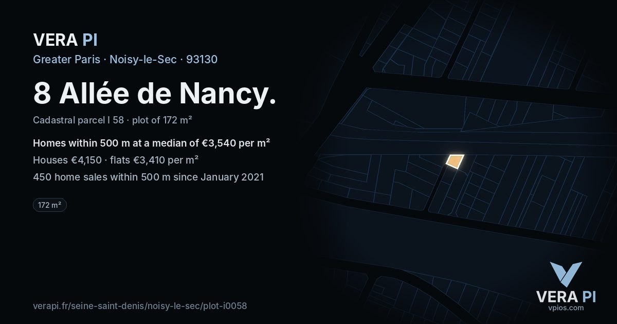 8 Allée de Nancy, Noisy-le-Sec at night – the plot lit, the parcels around coloured by the prices near them