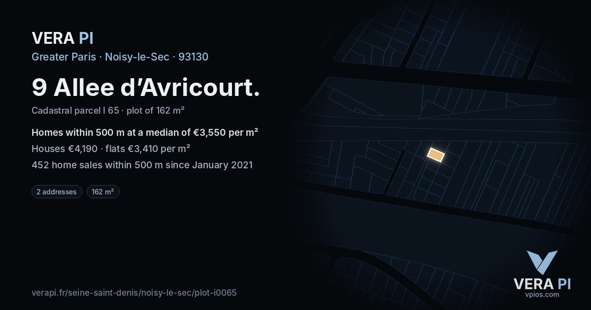9 Allee d’Avricourt, Noisy-le-Sec at night – the plot lit, the parcels around coloured by the prices near them