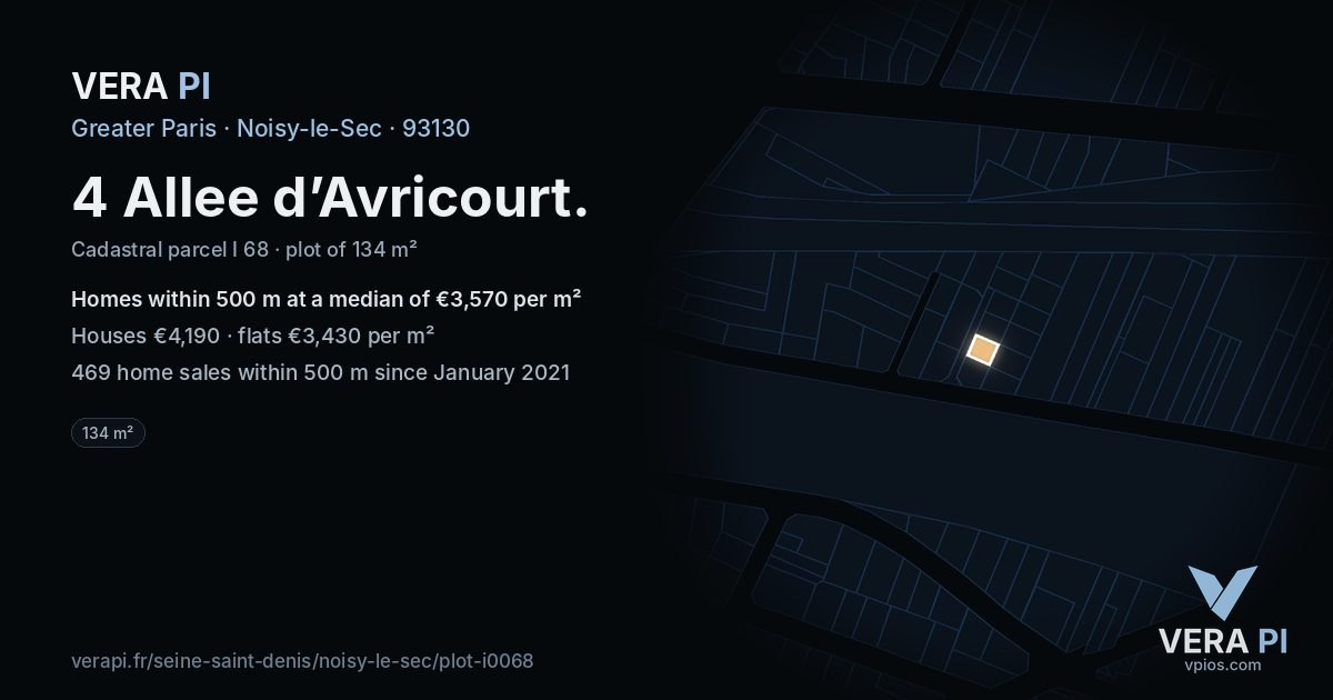 4 Allee d’Avricourt, Noisy-le-Sec at night – the plot lit, the parcels around coloured by the prices near them