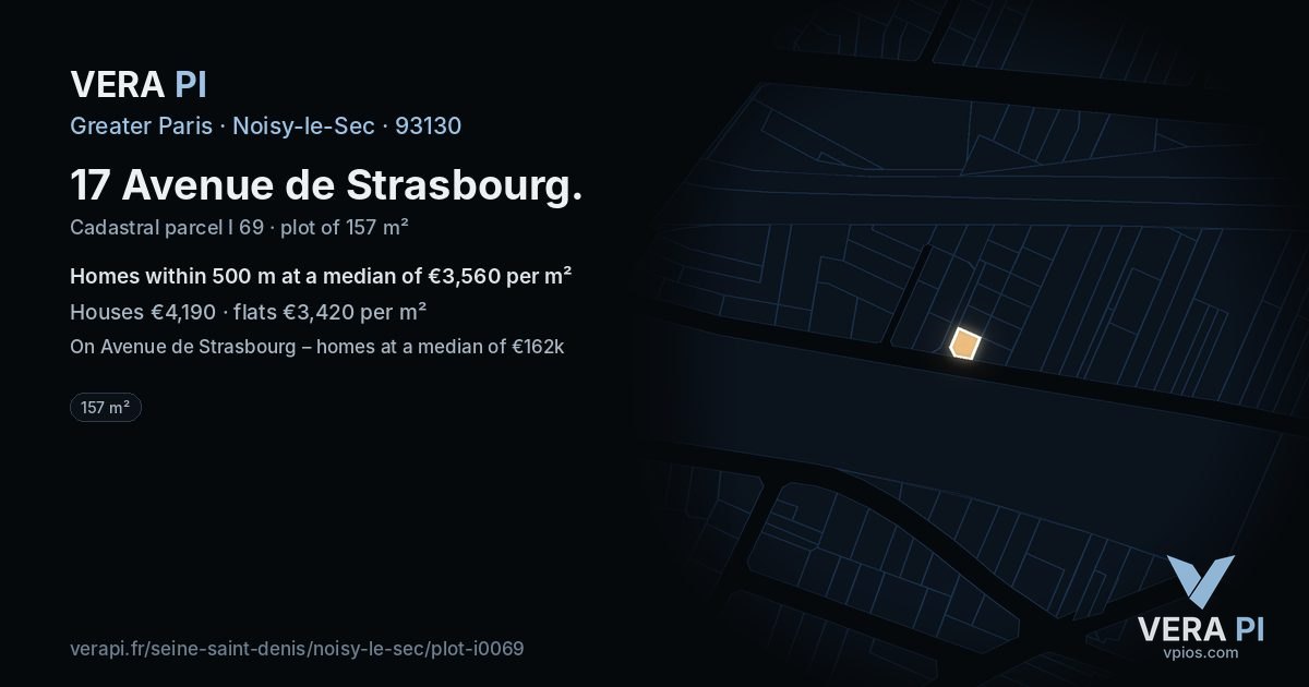 17 Avenue de Strasbourg, Noisy-le-Sec at night – the plot lit, the parcels around coloured by the prices near them