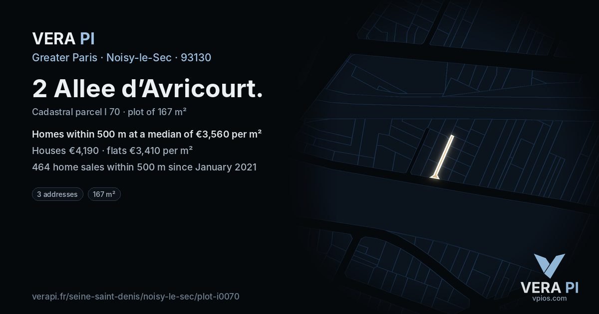2 Allee d’Avricourt, Noisy-le-Sec at night – the plot lit, the parcels around coloured by the prices near them