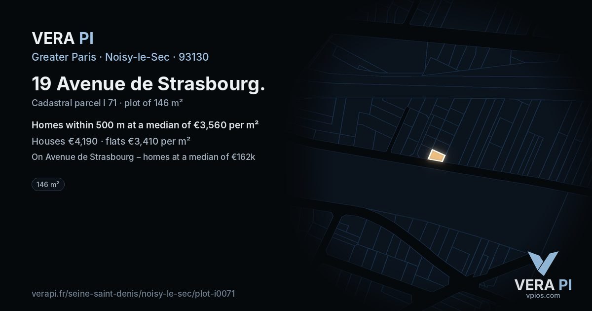 19 Avenue de Strasbourg, Noisy-le-Sec at night – the plot lit, the parcels around coloured by the prices near them
