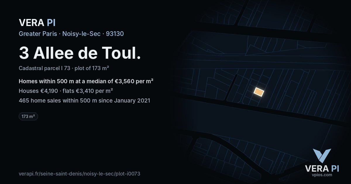 3 Allee de Toul, Noisy-le-Sec at night – the plot lit, the parcels around coloured by the prices near them