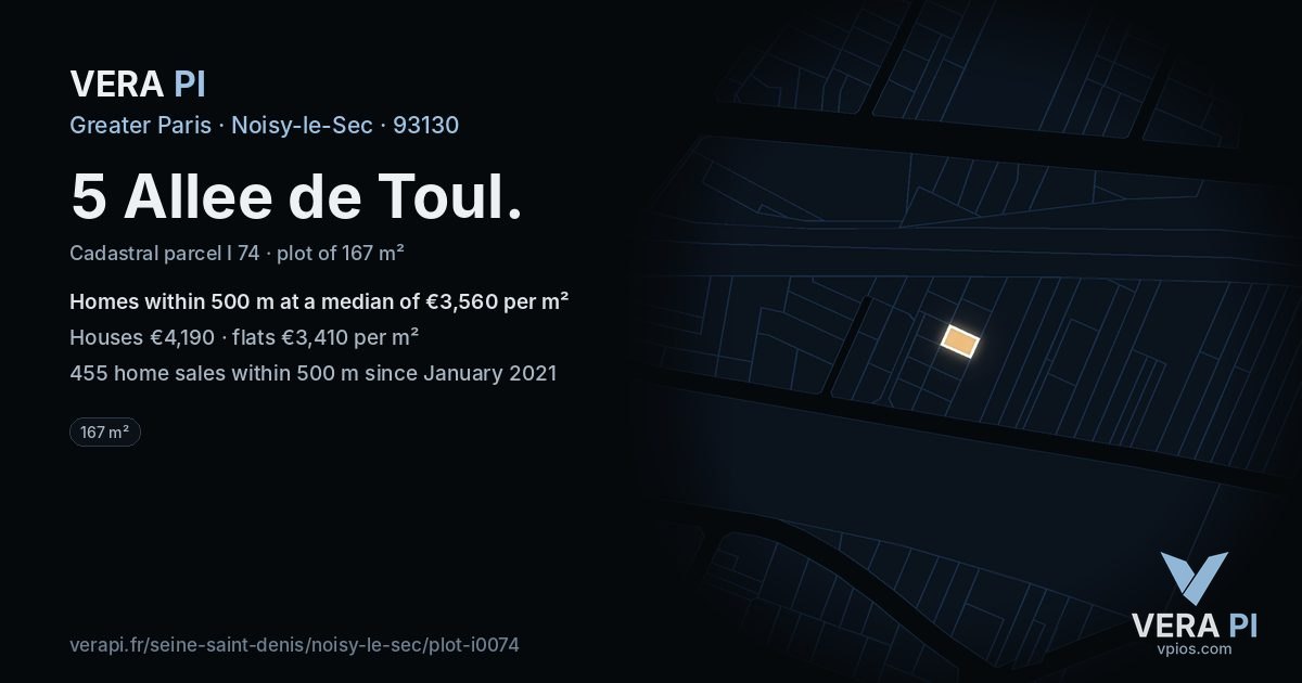 5 Allee de Toul, Noisy-le-Sec at night – the plot lit, the parcels around coloured by the prices near them