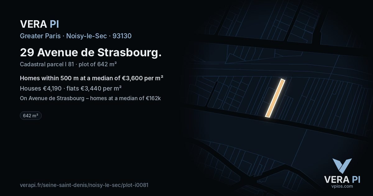 29 Avenue de Strasbourg, Noisy-le-Sec at night – the plot lit, the parcels around coloured by the prices near them