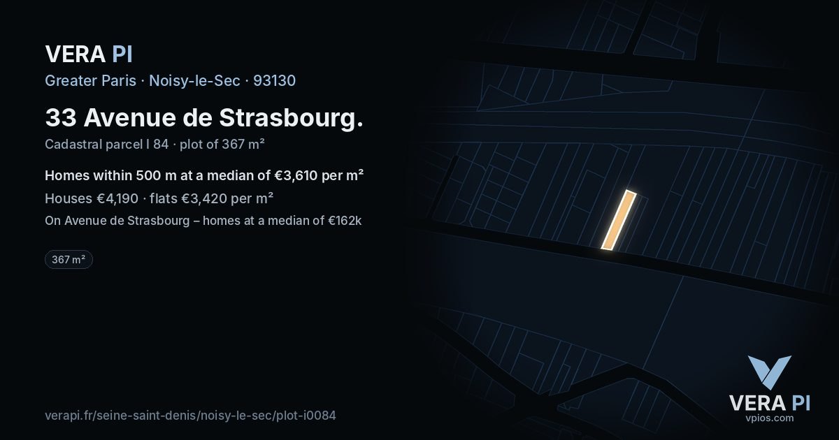 33 Avenue de Strasbourg, Noisy-le-Sec at night – the plot lit, the parcels around coloured by the prices near them
