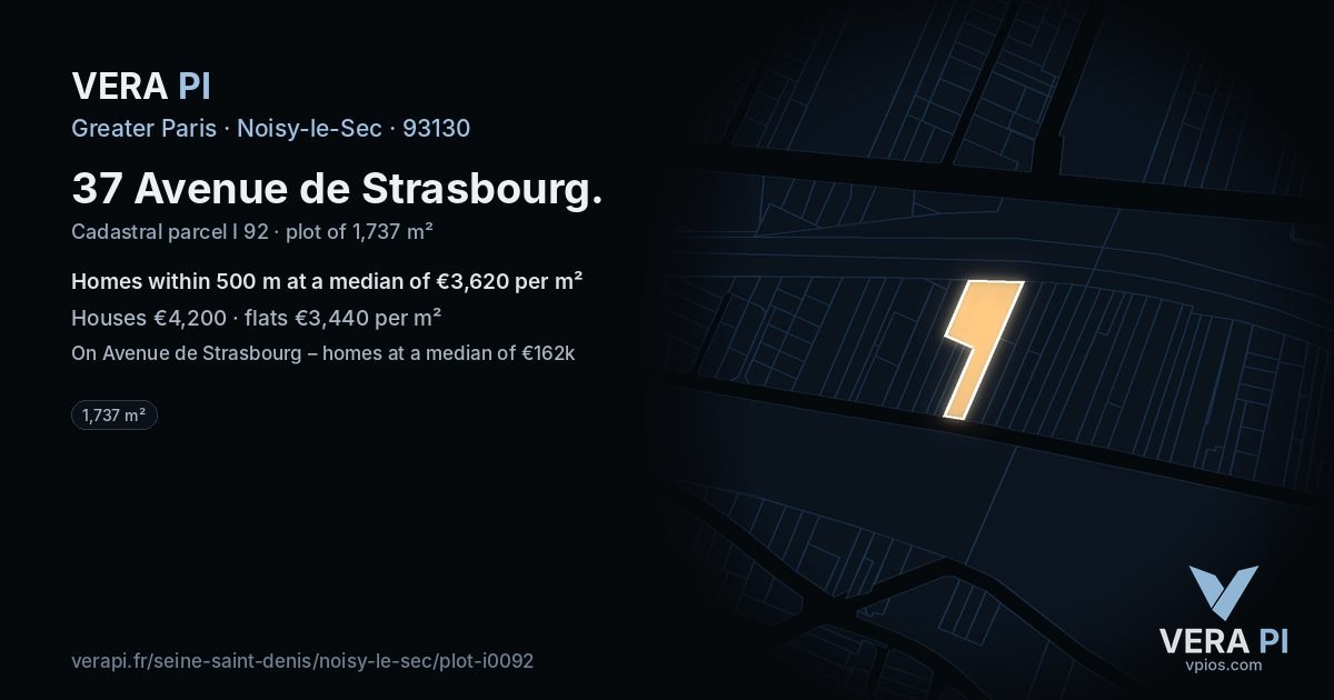 37 Avenue de Strasbourg, Noisy-le-Sec at night – the plot lit, the parcels around coloured by the prices near them